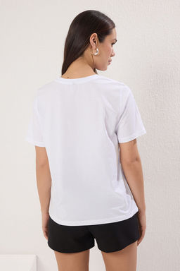 Beyaz-Beyaz Basic %100 Pamuk Bisiklet Yaka 2li Paket Orme T-Shirt TWOSS20TS0141