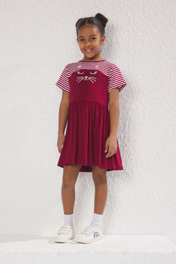 Bordo K?z Cocuk Cizgili K?sa Kol Mini Orme Elbise TKDSS25EL00059