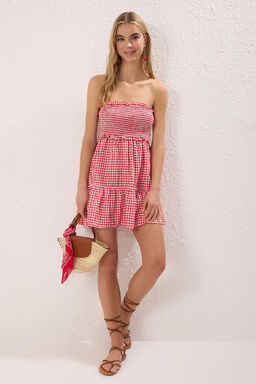 Trendyolmilla K?rm?z? Potikareli Dokulu Straplez Mini Plaj Elbisesi TBESS25EL00143  фото 2