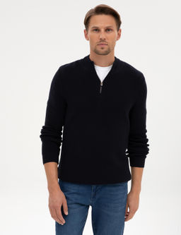 Lacivert Slim Fit Dik Yaka Fermuarl_ Triko Kazak