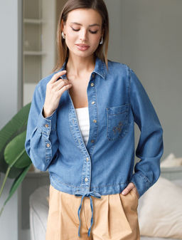 Укороченная блузка с кулиской из джинсового лиоцелла