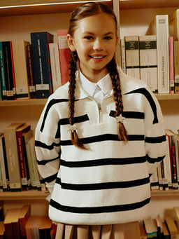 Polo Yaka ?izgili Uzun Kollu K?z ?ocuk Triko Kazak