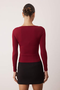Bordo Fitted/Vucuda Oturan Aksesuar/Cut out Detayl? Uzun Kollu Esnek Orme Bluz TWOAW26BZ00130