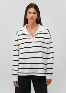 Siyah Cizgili Polo Yaka Sweatshirt - Mavi фото 4