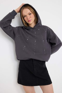 Teen Antrasit Trok Detayl? Kapusonlu Oversize Kal?p Kal?n Ici Polarl? Orme Sweatshirt TWOAW26SW00117
