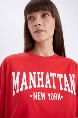 Широкая футболка Oversize с круглым вырезом и короткими рукавами с принтом - Defacto фото 4