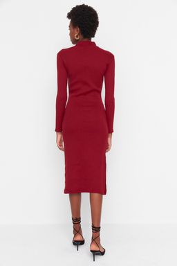 Bordo Vucuda Oturan Y?rtmacl? Bisiklet Yaka Midi Fitilli Esnek Orme Kalem Elbise TWOAW21EL0135