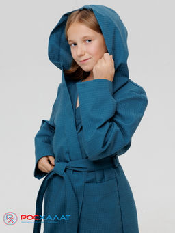 Подростковый вафельный халат с капюшоном темно-бирюзовый В-18 (23)