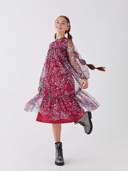 Bisiklet Yaka Desenli Uzun Kollu K?z ?ocuk Elbise