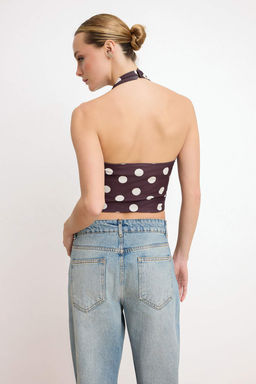 Kahverengi Puantiyeli Regular/Normal Kal?p Kalp Yaka Volanl?/F?rf?rl? Saten Orme Bluz TWOSS26BZ00429 - Trendyolmilla фото 4