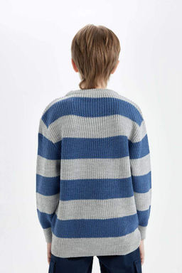 Трикотажный свитер в полоску с круглым вырезом для мальчика - Defacto фото 6