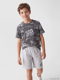 Bask?l? Erkek ?ocuk ?ortlu Pijama Tak?m?