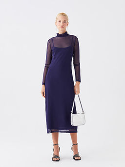 Dik Yaka D?z Uzun Kollu Elbise