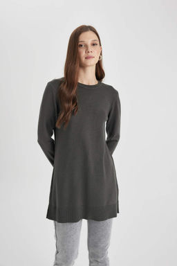 Трикотажный свитер стандартного кроя с круглым вырезом и туникой - Defacto фото 3
