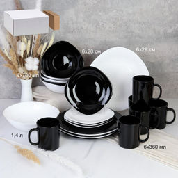 Столовый набор 25 предметов квадратный Черно-белый с кружками / NF19GT-11080759/B-MK360 (BLACK&WHITE) /уп 2/