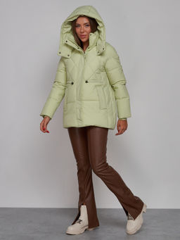 Зимняя женская куртка модная с капюшоном салатового цвета 52302Sl