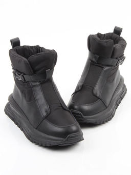 04-WG037-3M BLACK Ботинки зимние женские (натуральная кожа, курточная ткань, 100% шерсть)