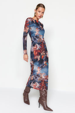 TRENDYOLMILLA Cok Renkli Bisiklet Yaka Bask?l? Astarl? Vucuda Oturan Tul Midi Orme Orme Elbise TWOAW24EL00605 фото 9