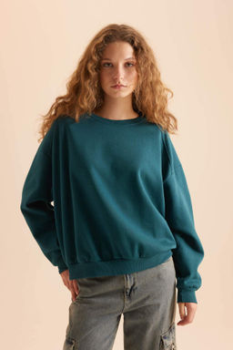 Coool Oversize Genis Kal?p Bisiklet Yaka Basic Duz Kal?n Kumas Siyah Sweatshirt - Defacto фото 2