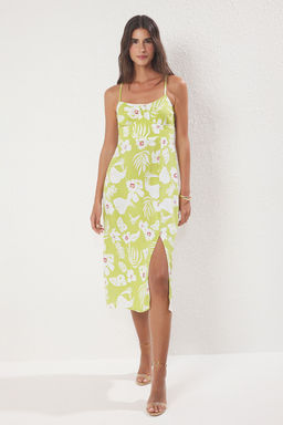 Yesil Cicekli Y?rtmacl? Midi Dokuma Elbise TWOSS23EL02295