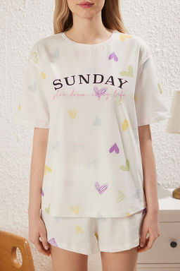 Beyaz %100 Pamuklu Kalpli Sloganl? Sortlu Orme Pijama Tak?m? THMSS25PT00168
