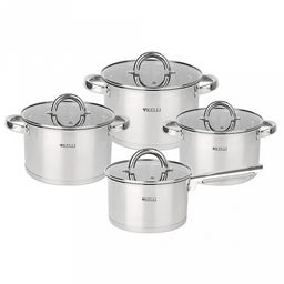 Набор кастрюль из нержавеющей стали "Kelli" 4 предмета: 1,8л, д16см, 2,5л, д18см, 3,5л, д20см, ковш 1,8л, д16см, стеклянная жаропрочная крышка, пароотвод, клепаные ручки из нержавеющей стали, 5-ти слойное капсульное дно, цветная коробка (Китай) Подхо