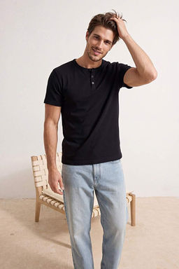 Siyah Regular/Rahat Kesim D__meli Yaka T-Shirt TMNSS26TS00040 - Trendyolmilla фото 2
