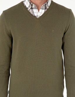 Koyu Haki Slim Fit V Yaka Basic Triko Kazak - Pierre cardin фото 6