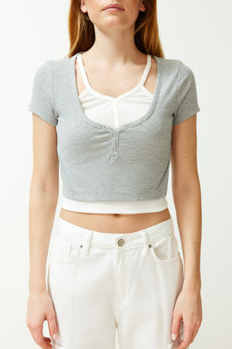 Trendyolmilla Haki Cift Kat Detayl? Fitted/Vucudu SaranFitilli Esnek Orme Bluz TWOSS24BZ00102  фото 4