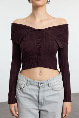Koyu Kahverengi Crop Premium Iplik/Ozel Iplik Fitted/Vucudu Saran Triko H?rka TWOAW25HI00095