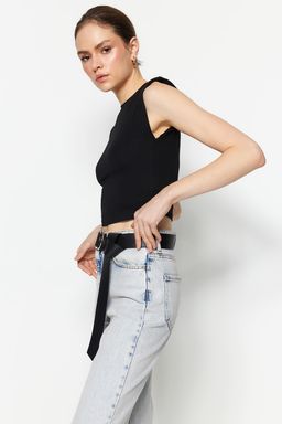 Siyah Vatkal? Fitted/Vucuda Oturan Bisiklet Yaka Crop Esnek Orme Bluz TWOSS23BZ00251