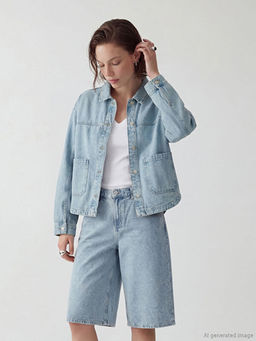 G?mlek Yaka Oversize Kad?n Jean Ceket