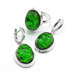 Комплект с янтарём "буранит" в посеребрении кольцо, серьги овал 18*23мм зеленый