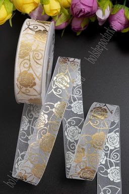 Лента органза 2,5 см*20 ярд Розы SF-1822, светло-розовый/золото