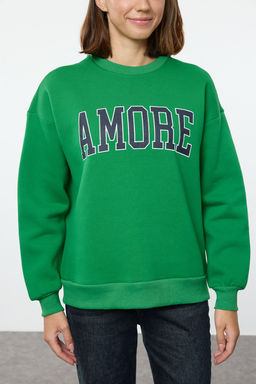 Yesil Kal?n Ici Polarl? Oversize/Genis Kesim Slogan Nak?sl? Orme Sweatshirt TWOAW25SW00031 - Trendyolmilla фото 3