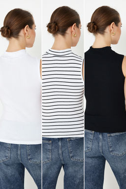 Siyah-Beyaz-Cok Renkli 3Lu Paket Fitted/Vucuda Oturan Fitilli Esnek Orme Bluz TWOSS24BZ00560 - Trendyolmilla фото 2