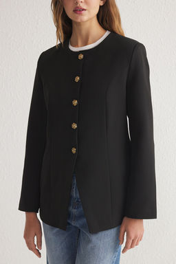 Siyah Vatkal? Bisiklet Yaka Dokuma Blazer Ceket TWOSS25BC00008