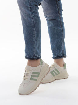 03-WG040-1M MILK/GREEN Кроссовки демисезонные женские (натуральная кожа)