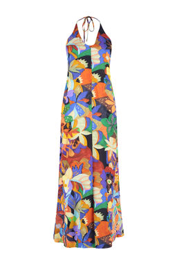 Cicek Desenli Dokuma S?rt Dekolteli Maxi Plaj Elbise TBESS24EL00022