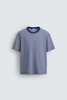 CAMISETA REGULAR FIT JACQUARD RAYAS / Blanco / Marino