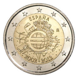 2 евро 2012 года Испания  10 лет евро наличными