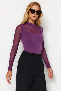 TRENDYOLMILLA Siyah Slim Tul Detayl? Uzun Kollu Dik Yaka Alttan C?tc?tl?Esnek Orme Body TWOAW24BD00049  фото 2