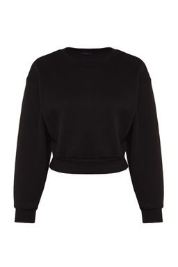 TRENDYOLMILLA Siyah Rahat Kesim Crop Basic Bisiklet Yaka Kal?n Ici polarl? Orme Sweatshirt TWOAW24SW00147  фото 6