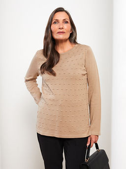 Bisiklet Yaka Kendinden Desenli Uzun Kollu Kad?n Triko Kazak