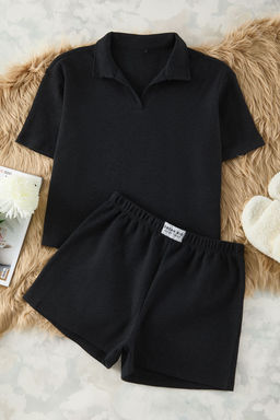 Trendyolmilla Antrasit Slogan Etiket Detayl? Waffle Kumas Sortlu Orme Pijama Tak?m? THMSS25PT00072  фото 6