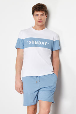 TRENDYOL MAN Mavi Regular Fit Slogan Bask?l? Orme Sortlu Pijama Tak?m? TMNSS24PT00002 - Trendyolmilla фото 2