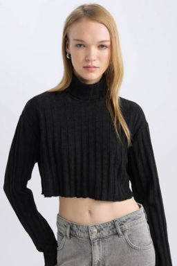 Coool Bal?kc? Yaka Crop Top Basic Duz Fitilli Kaskorse Uzun Kollu Tisort
