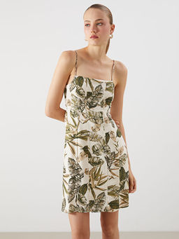 Kare Yaka ?i?ekli Keten Kar???ml? Mini Elbise