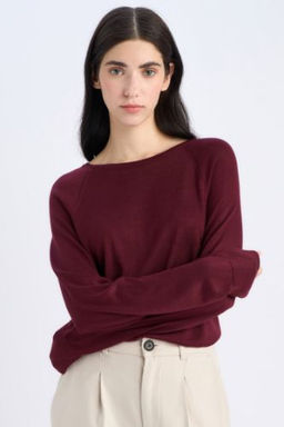 Regular Fit Bisiklet Yaka Basic Duz Bordo Triko Kazak
