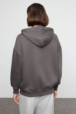 Antrasit Oversize/Rahat Kesim Basic Kapusonlu Fermuarl? Kal?n Ici Polarl